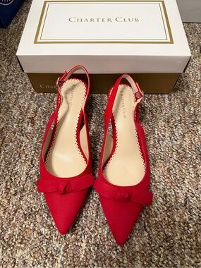Charter Club Red Pointed-Toe Slingback Flats with Bow